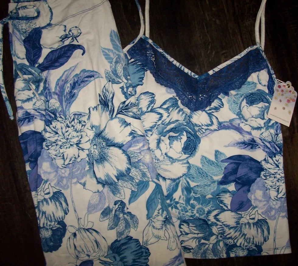 NWT In Bloom by Jonquil IVORY/BLUE/PURPLE FLORAL Knit Pajama Set L LACE Trim