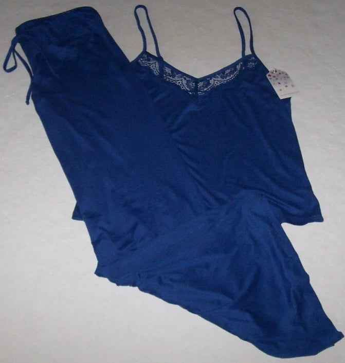 NWT In Bloom by Jonquil ROYAL BLUE Slinky Knit Pajama Set Women's XL LACE Trim