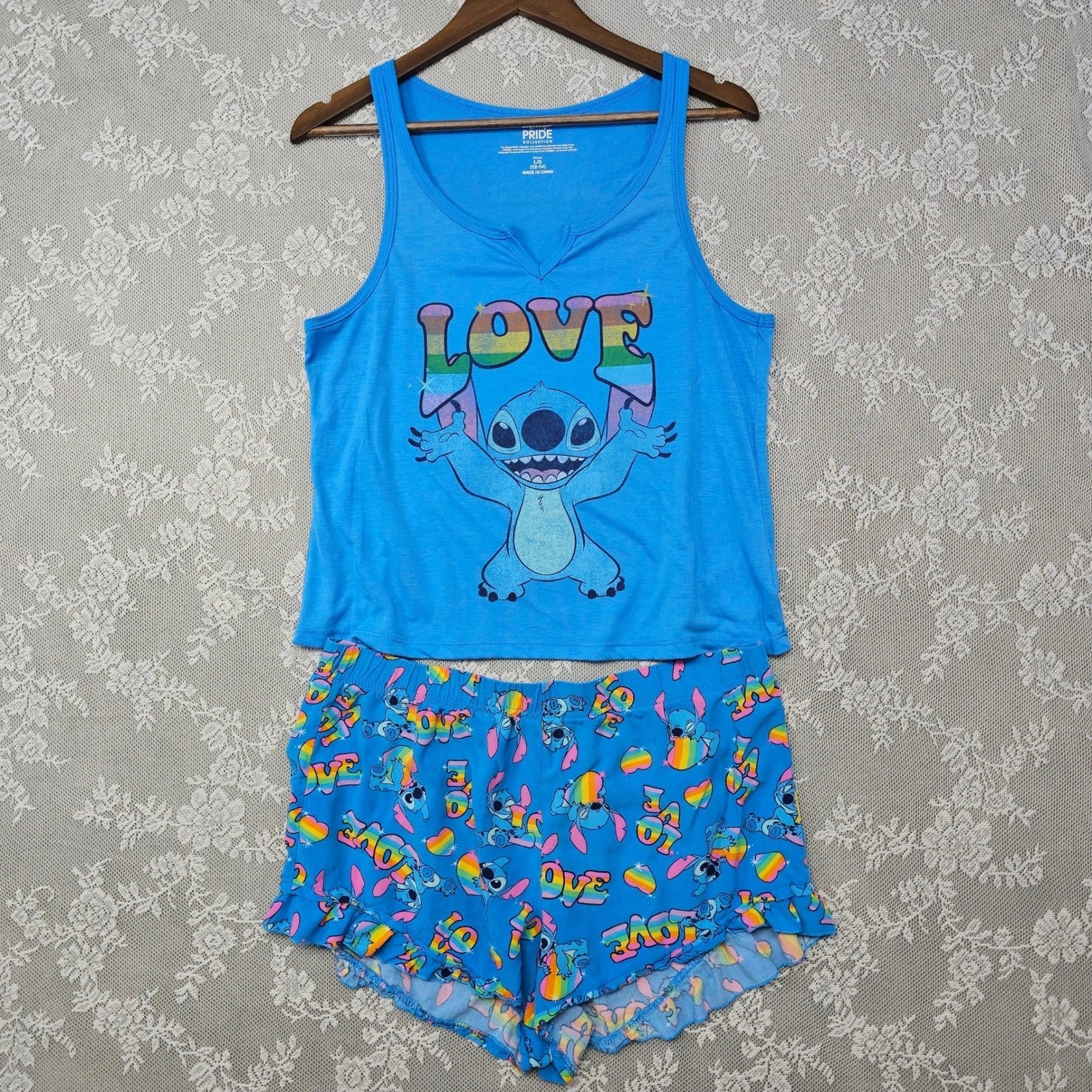 Disney Pride Stitch Pajama Set Tank Top Shorts Hoodie Blue L/G XL Sleepwear Set