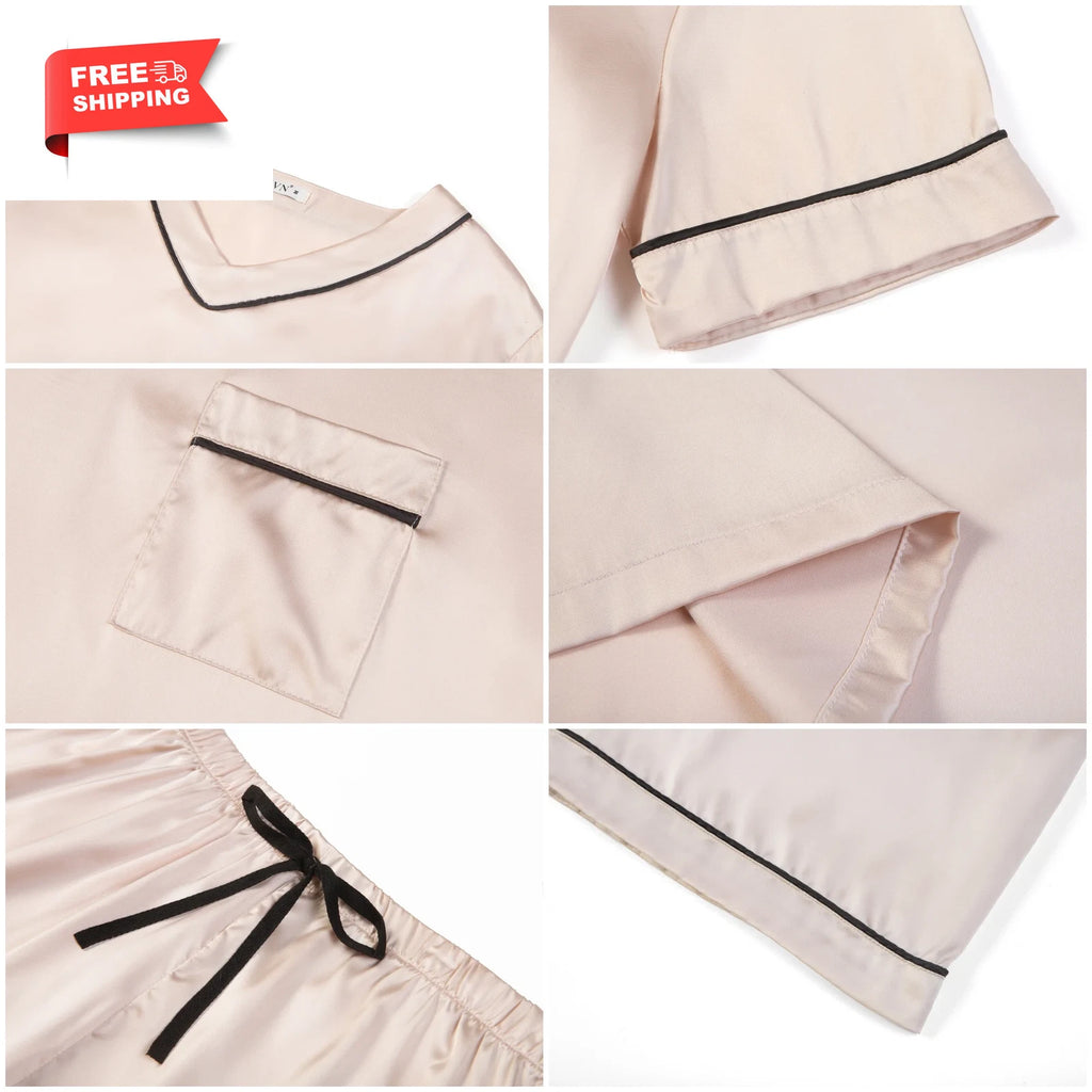 Pajamas for Women Summer Short Sleeve Tops and Shorts Soft Satin Silk Pj Set Sle