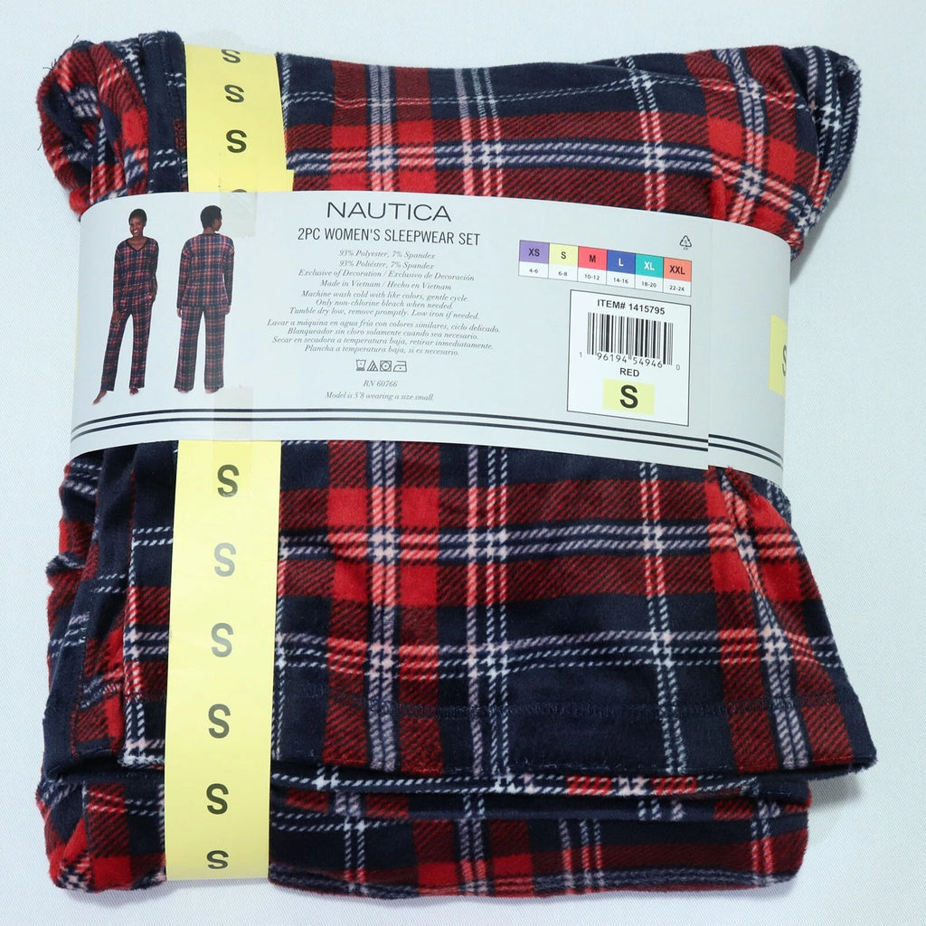 Nautica Women's 2 piece Sleepwear Set S Small Fleece Pajamas Red Blue Plaid NEW