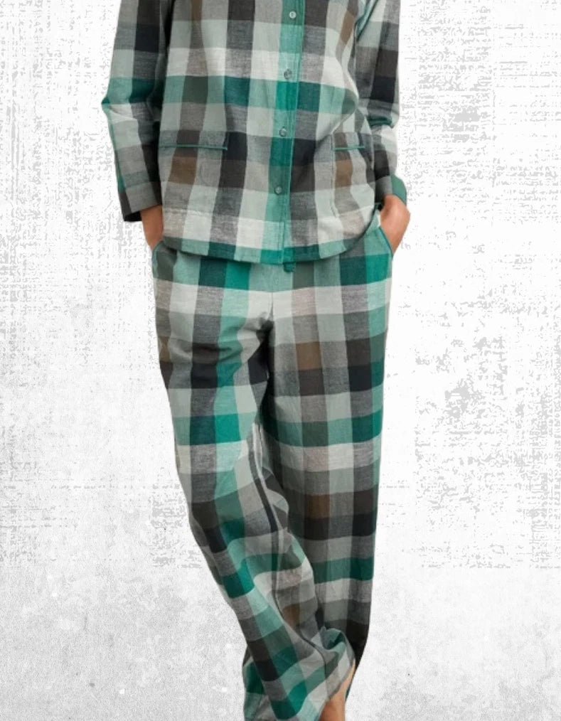 Ex Seasalt Women’s Moon Check Pyjama Set in Green  Pebble Selling