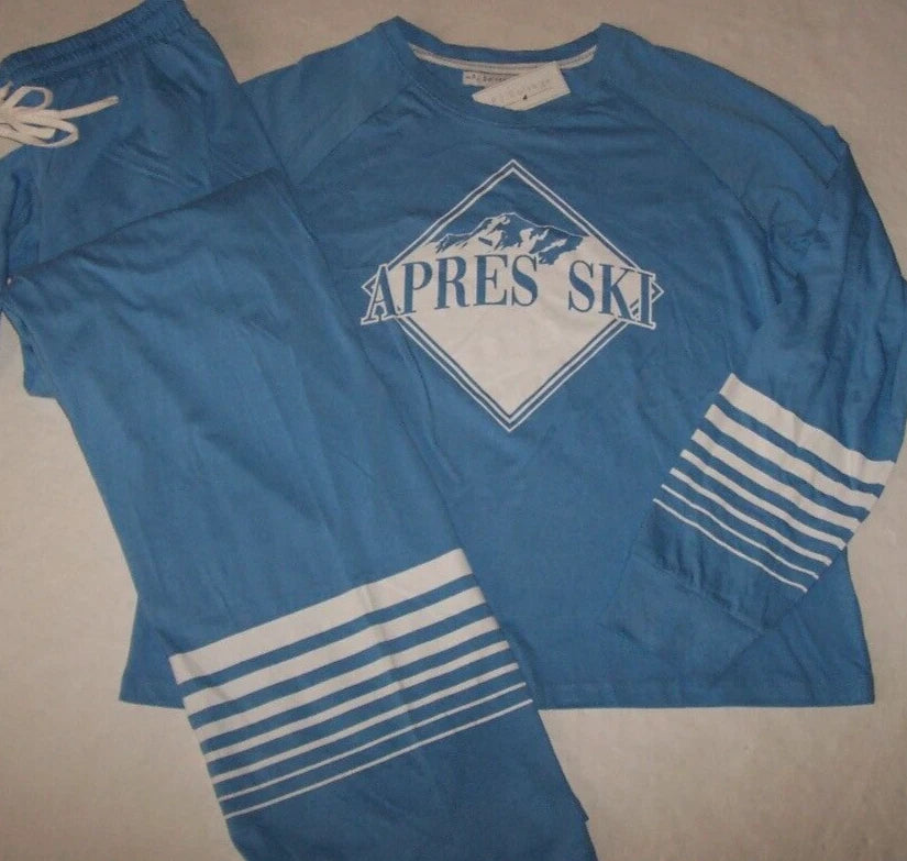 NWT PJ Salvage Blue/White APRES SKI Cotton/Rayon Jersey Knit Pajama/Lounge Set L