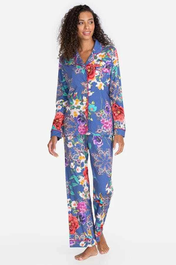 Johnny Was SUNRISE BLUE Sleep Wear PJ LONG SET Night Cotton Lounge Flower XL NEW