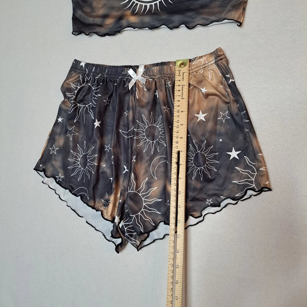 Sun Moon Tie Dye Pajama Set Women M Cami Top Shorts Celestial Lettuce Trim NWOT