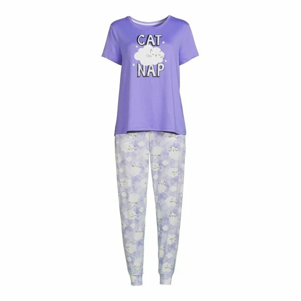 SECRET TREASURES PAJAMAS PJ SET CAT NAP TOP LONG JOG PANTS PURPLE WHITE 3X