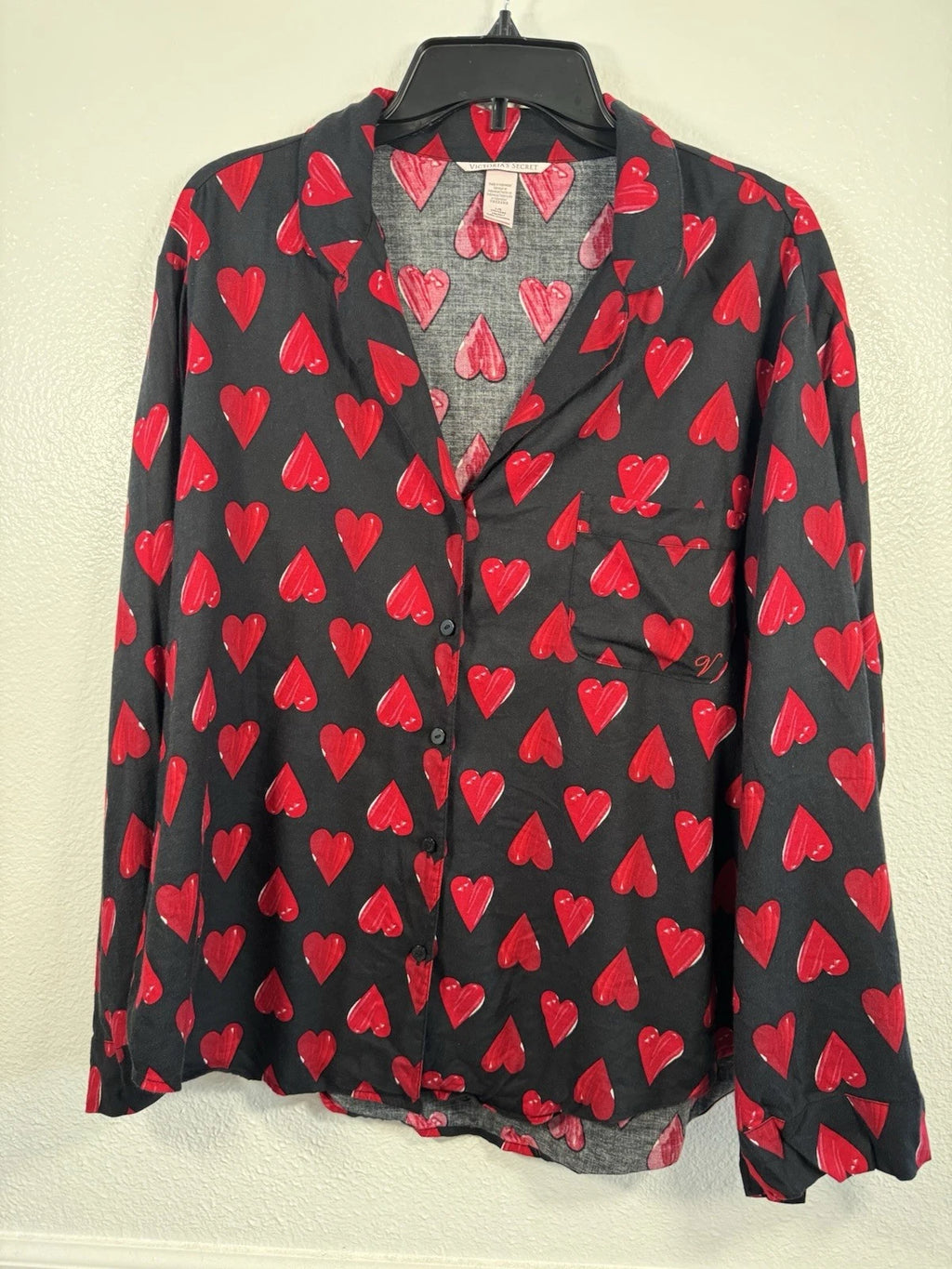 Victorias Secret Pajama Set L Heart Button Up Shirt Pant Sleepwear Cotton Black