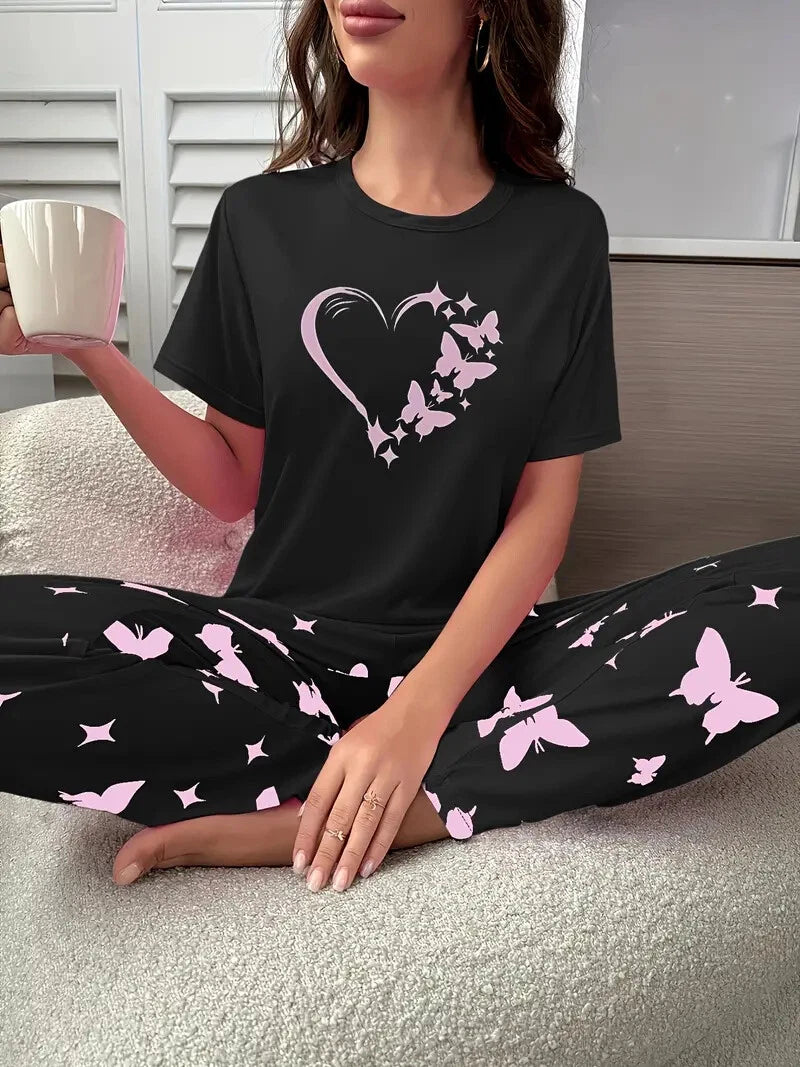 Woman's Black with Heart & Butterfly Print Top &  Pants Pajama Set - US 8-10 (L)