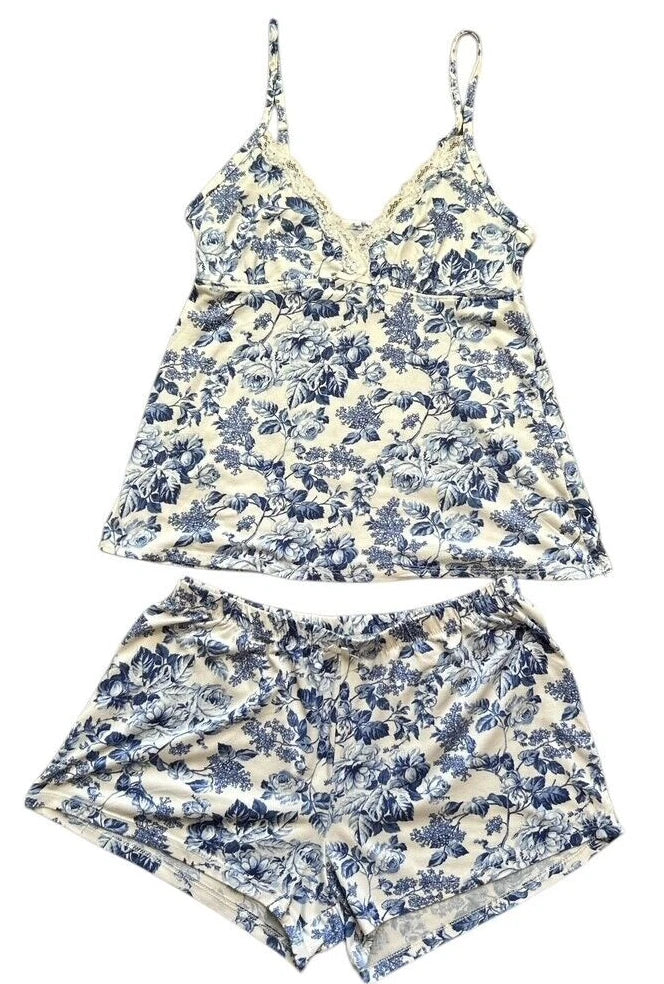 Laura Ashley Lounge Pajama Set Size Small Babydoll Lace Cami & Shorts Floral
