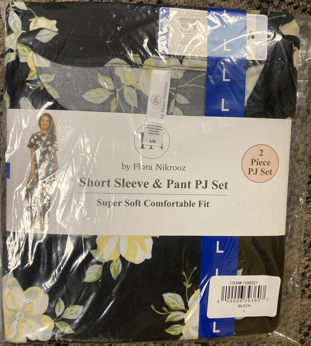 FLORA NIKROOZ SHORT SLEEVE & PANT PJ SET BLACK S,M,L & BLUE M & L NWT