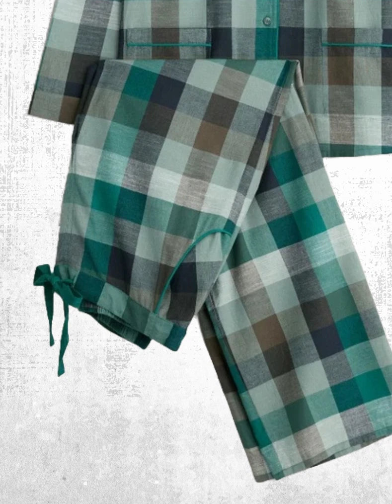 Ex Seasalt Women’s Moon Check Pyjama Set in Green  Pebble Selling
