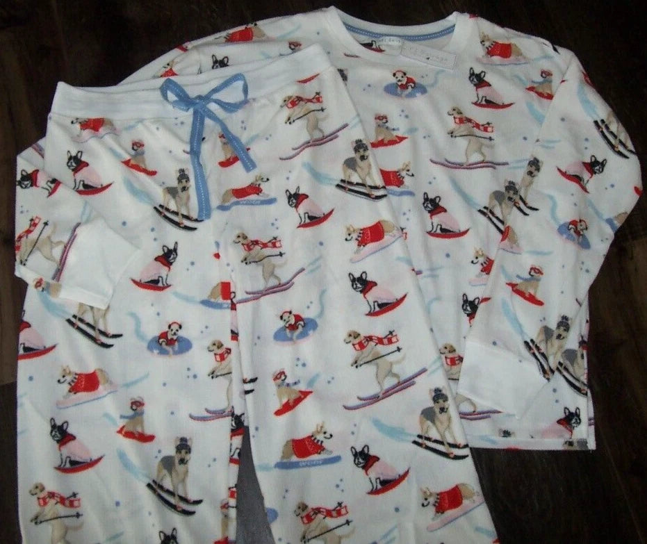 NWT PJ Salvage White/Blue DOGS ON SKIS Textured Velour Knit Pajama/Lounge Set XL