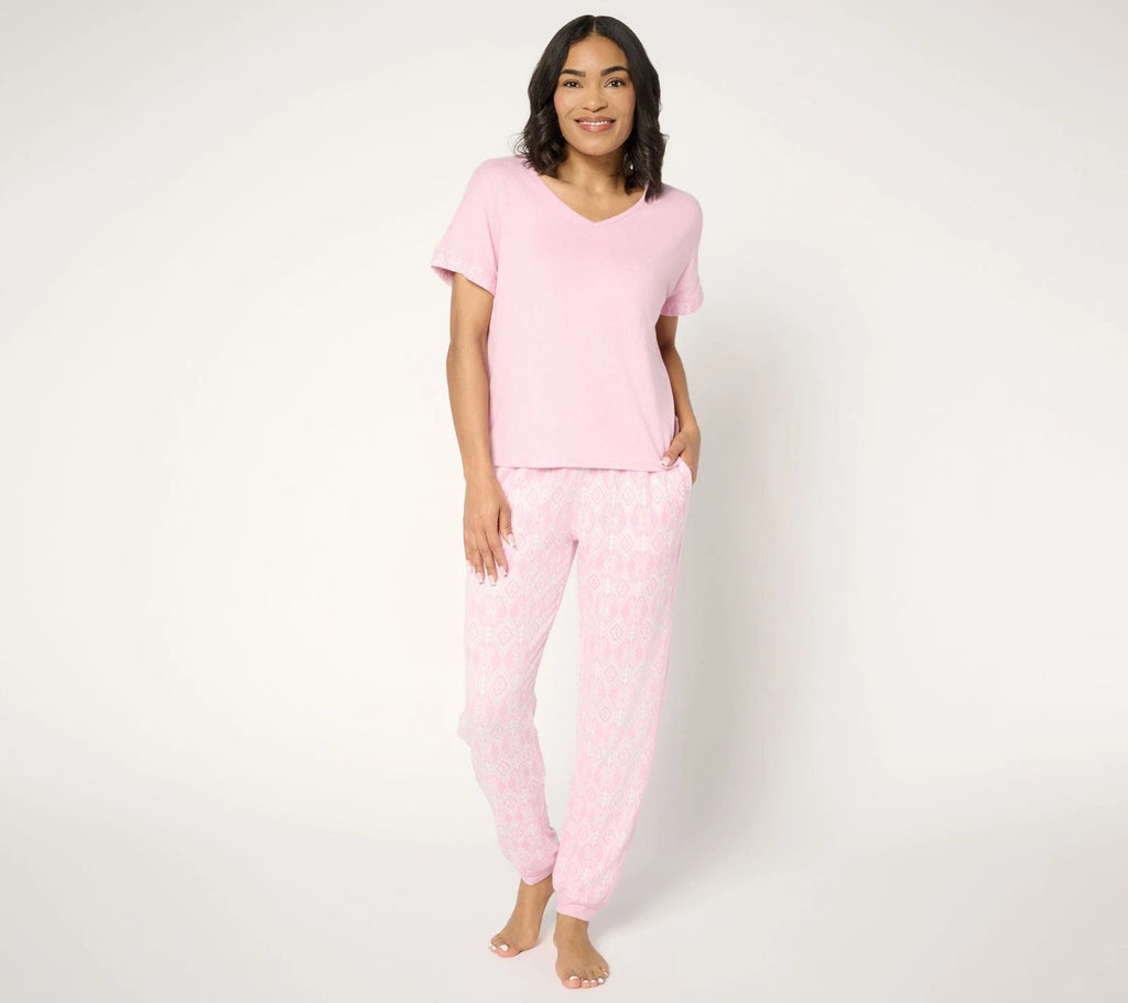 Muk Luks Sweater Knit Short Sleeve and Jogger Pajama Set Pink Ikat M New