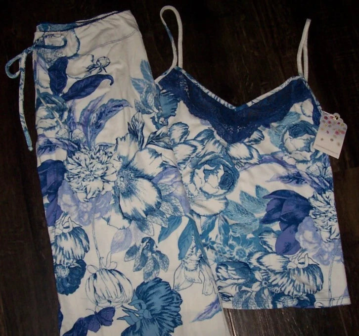 NWT In Bloom by Jonquil IVORY/BLUE/PURPLE FLORAL Knit Pajama Set L LACE Trim