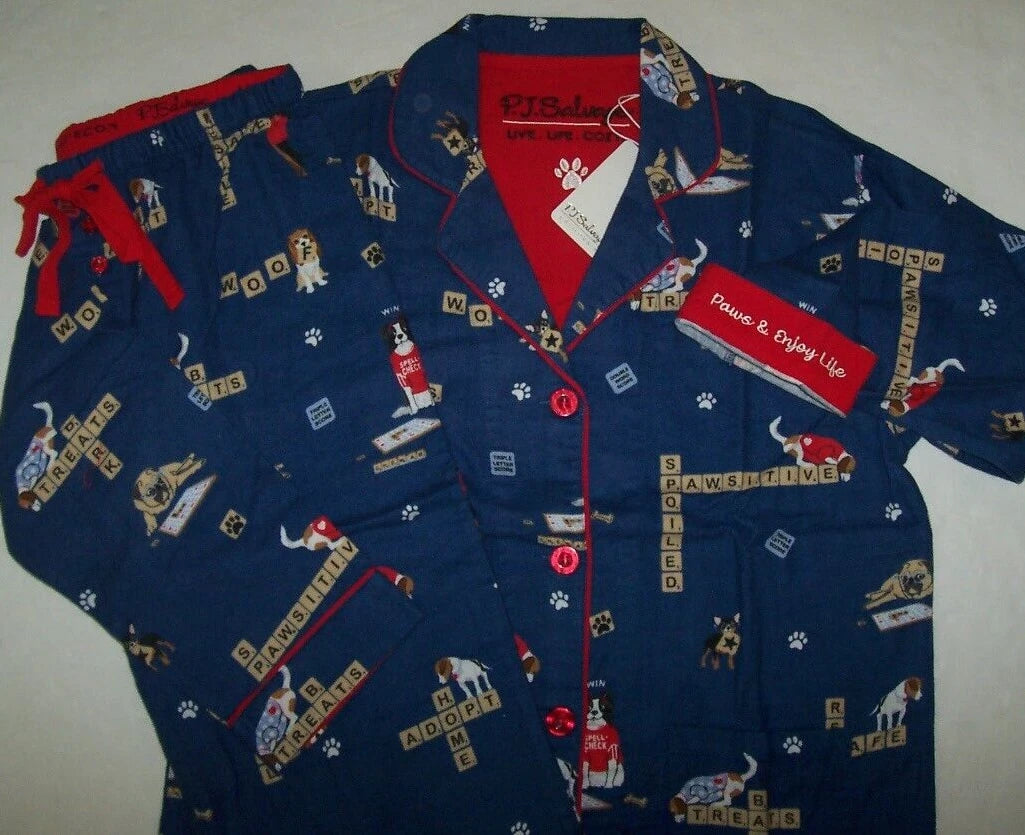 NWT PJ Salvage Blue RESCUE DOGS Flannel Pajama/Lounge Set XL PAWS & ENJOY LIFE