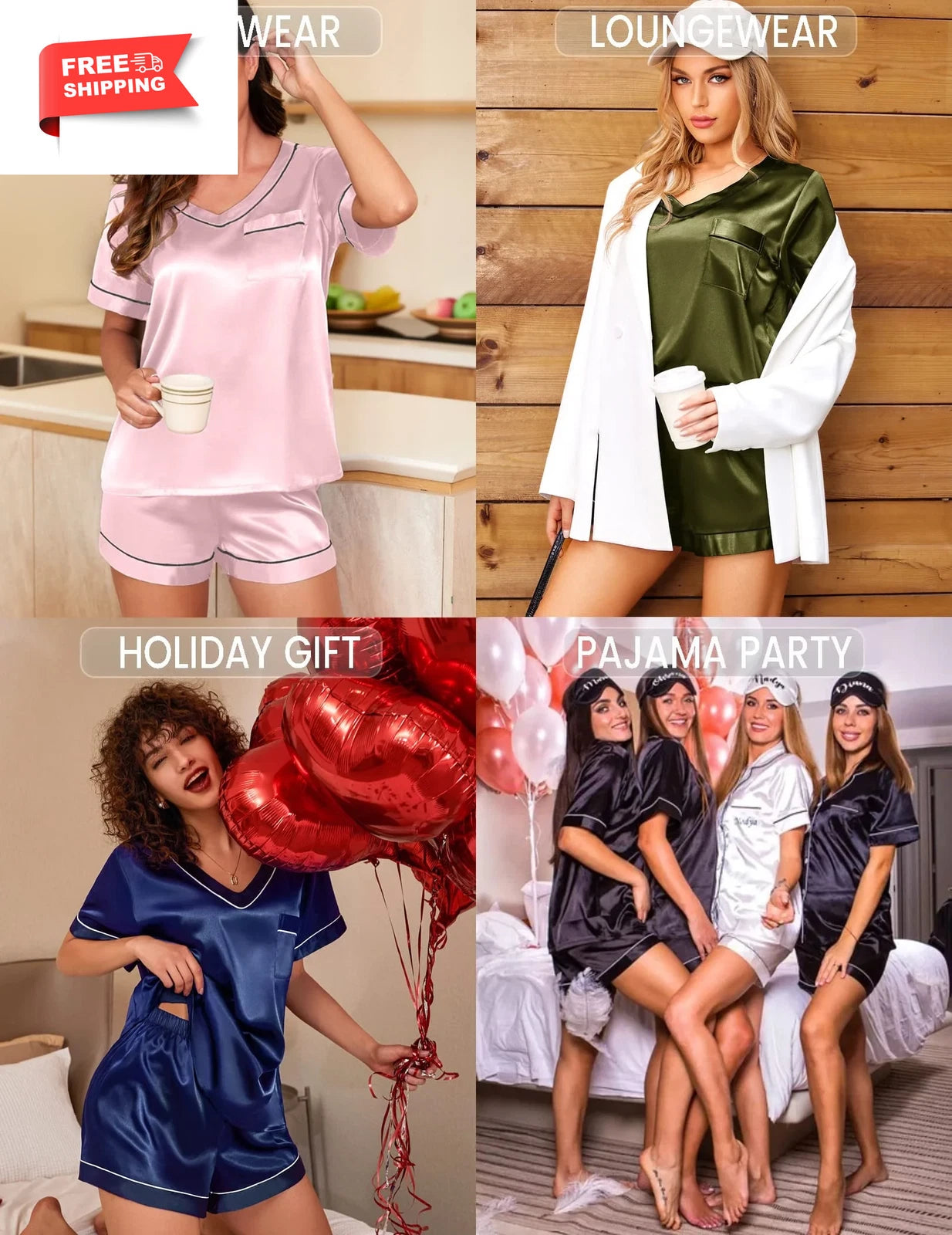 Pajamas for Women Summer Short Sleeve Tops and Shorts Soft Satin Silk Pj Set Sle