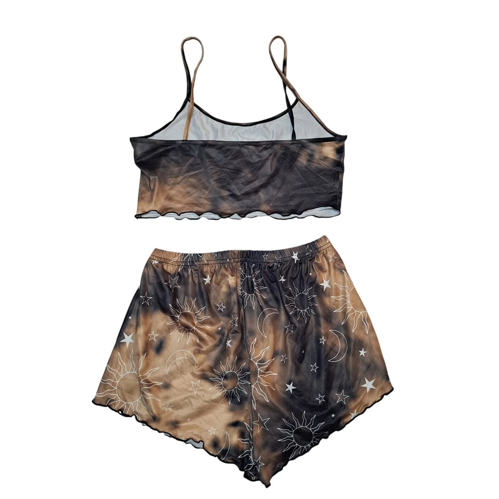 Sun Moon Tie Dye Pajama Set Women M Cami Top Shorts Celestial Lettuce Trim NWOT