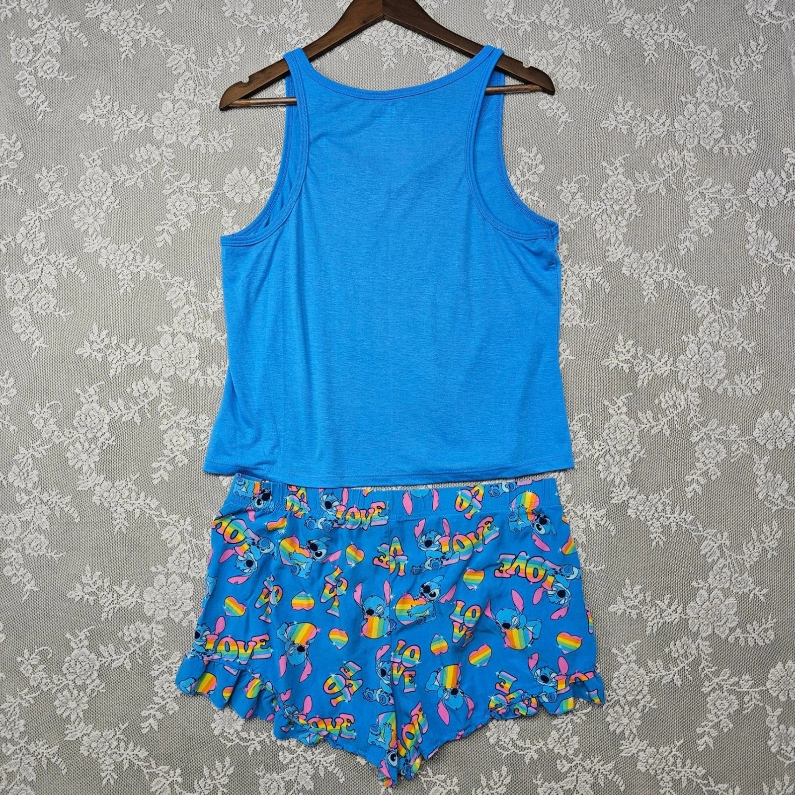 Disney Pride Stitch Pajama Set Tank Top Shorts Hoodie Blue L/G XL Sleepwear Set