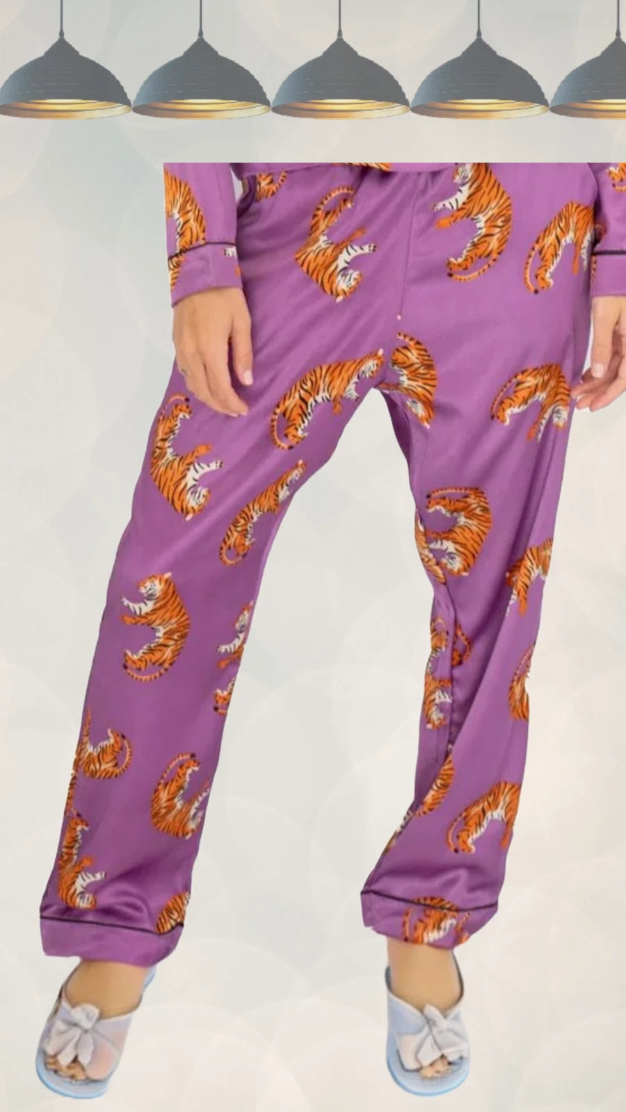 Ex PrettyLittleThings Women’s Satin Tiger Pajama Shirt And Pants Set