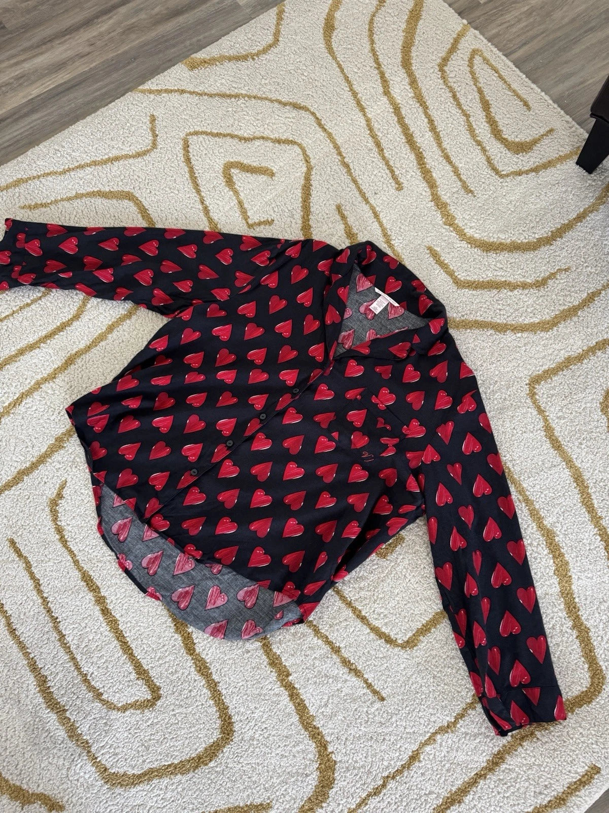 Victorias Secret Pajama Set L Heart Button Up Shirt Pant Sleepwear Cotton Black