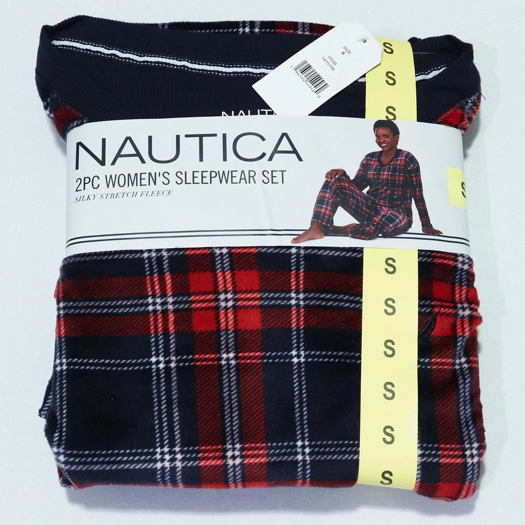 Nautica Women's 2 piece Sleepwear Set S Small Fleece Pajamas Red Blue Plaid NEW