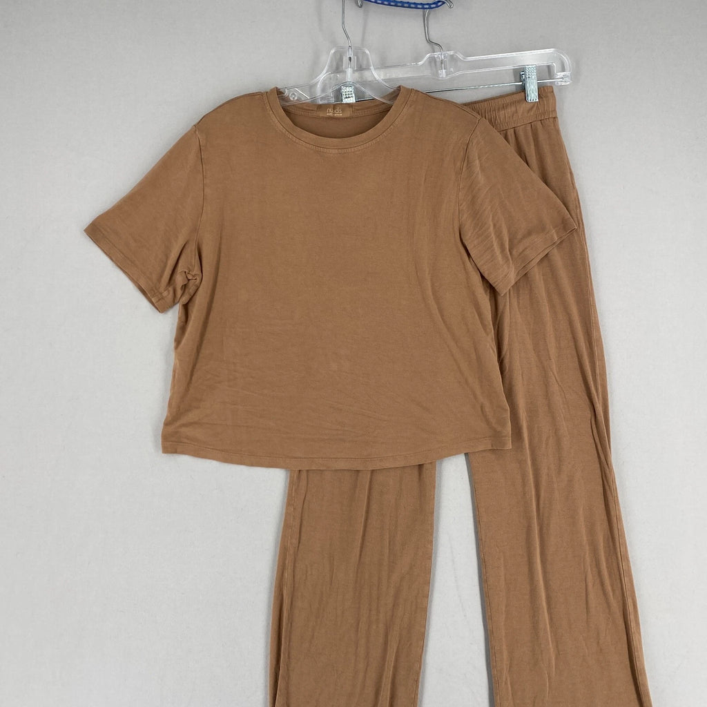 Nuuds Pajama Set Top & Pants Womens Size XS Brown Crewneck Pull On Bottoms
