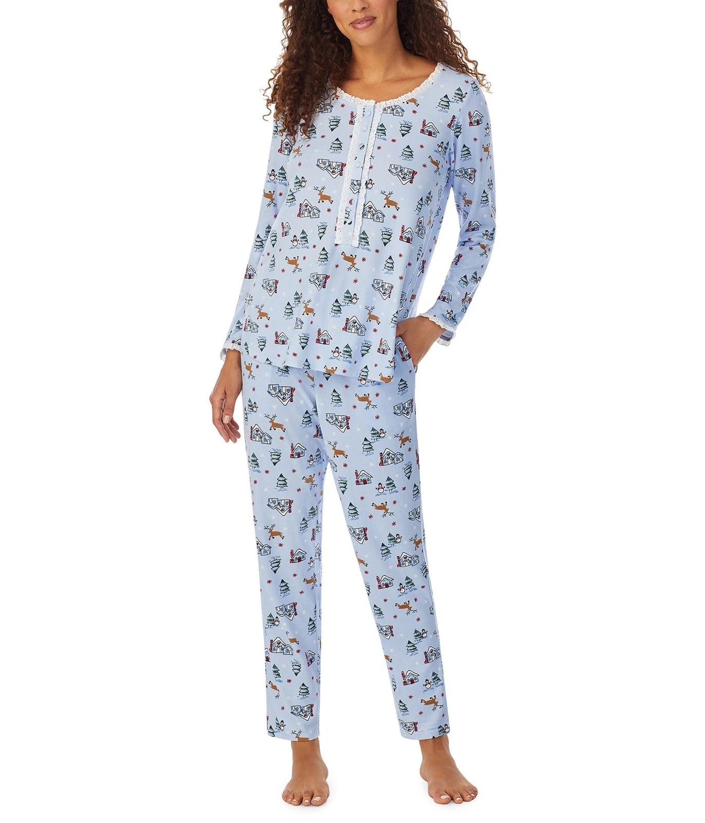 Lanz of Salzburg Sweater Knit Henley PJ Set (Blue House) Womens Pajama Sets