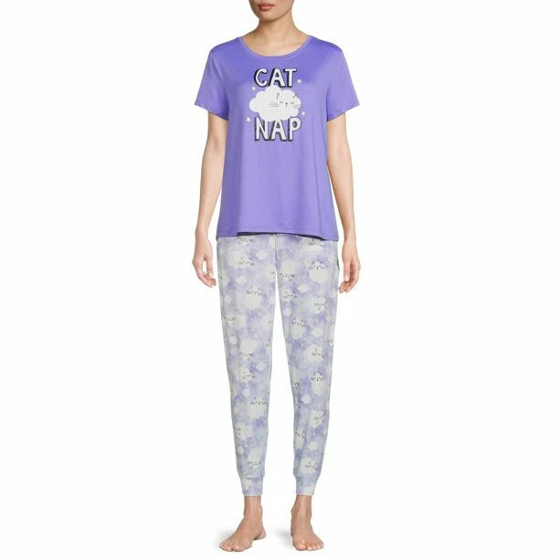 SECRET TREASURES PAJAMAS PJ SET CAT NAP TOP LONG JOG PANTS PURPLE WHITE 3X