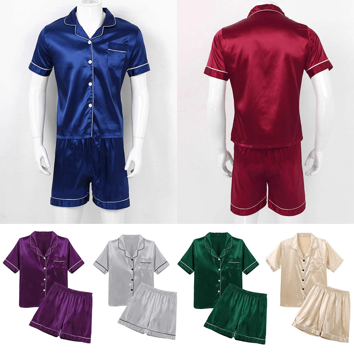 Mens Satin Nightwear Two Piece Pyjamas Pajamas Set Loungewear L-3XL-