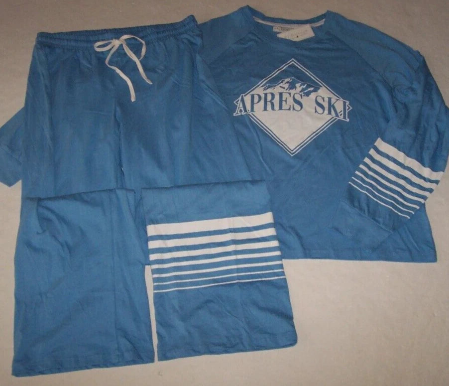 NWT PJ Salvage Blue/White APRES SKI Cotton/Rayon Jersey Knit Pajama/Lounge Set L