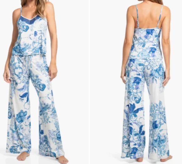 NWT In Bloom by Jonquil IVORY/BLUE/PURPLE FLORAL Knit Pajama Set L LACE Trim