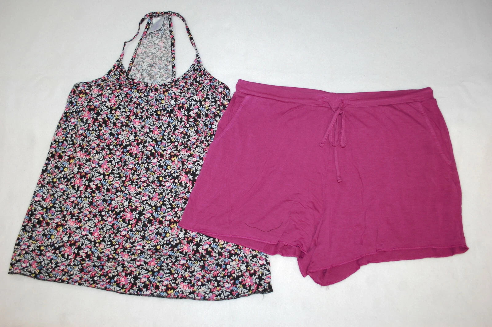 Womens Knit Pajamas Set BLACK FLORAL RACERBACK TANK TOP Magenta Shorts M 8-10