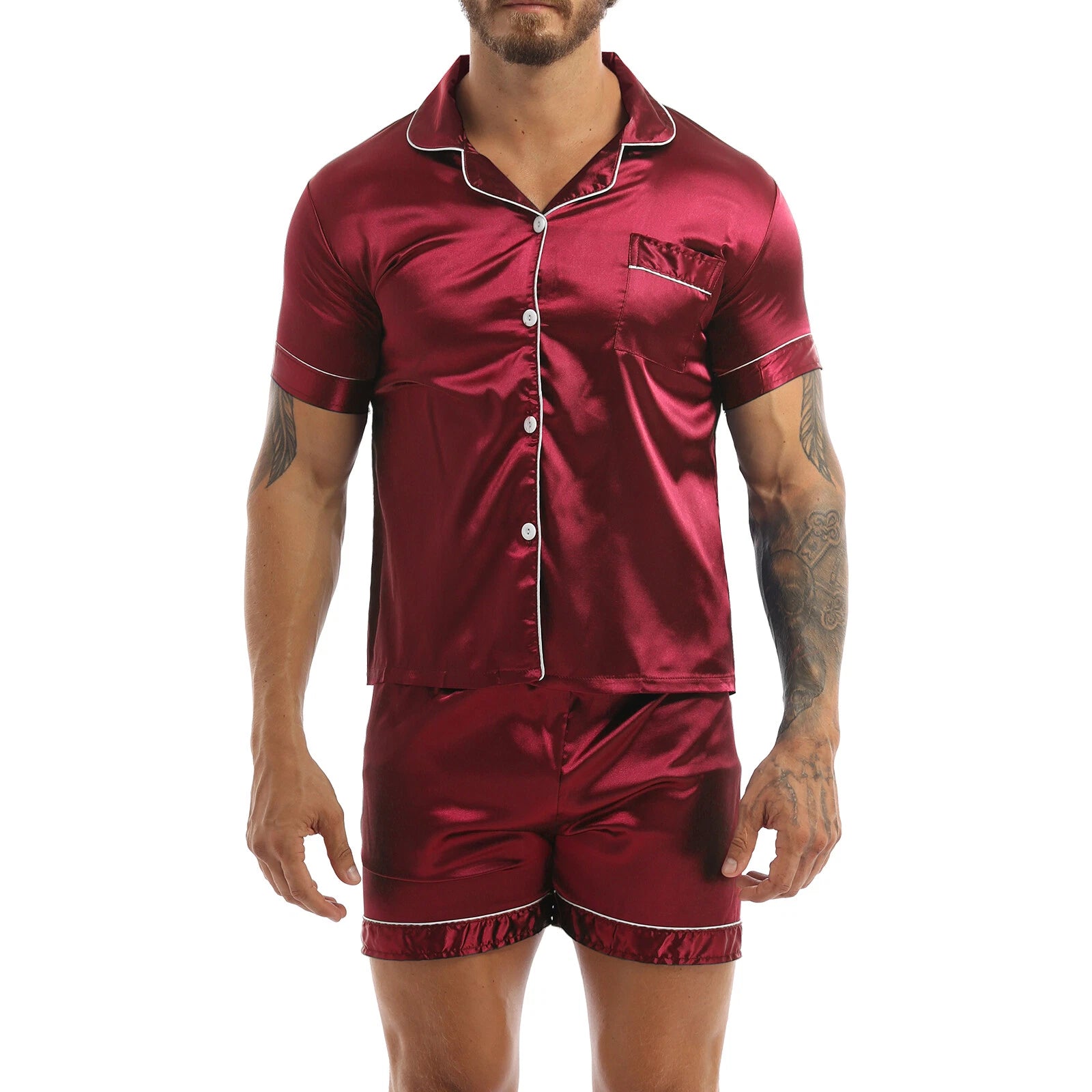 Mens Satin Nightwear Two Piece Pyjamas Pajamas Set Loungewear L-3XL-
