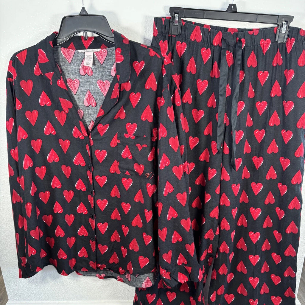 Victorias Secret Pajama Set L Heart Button Up Shirt Pant Sleepwear Cotton Black