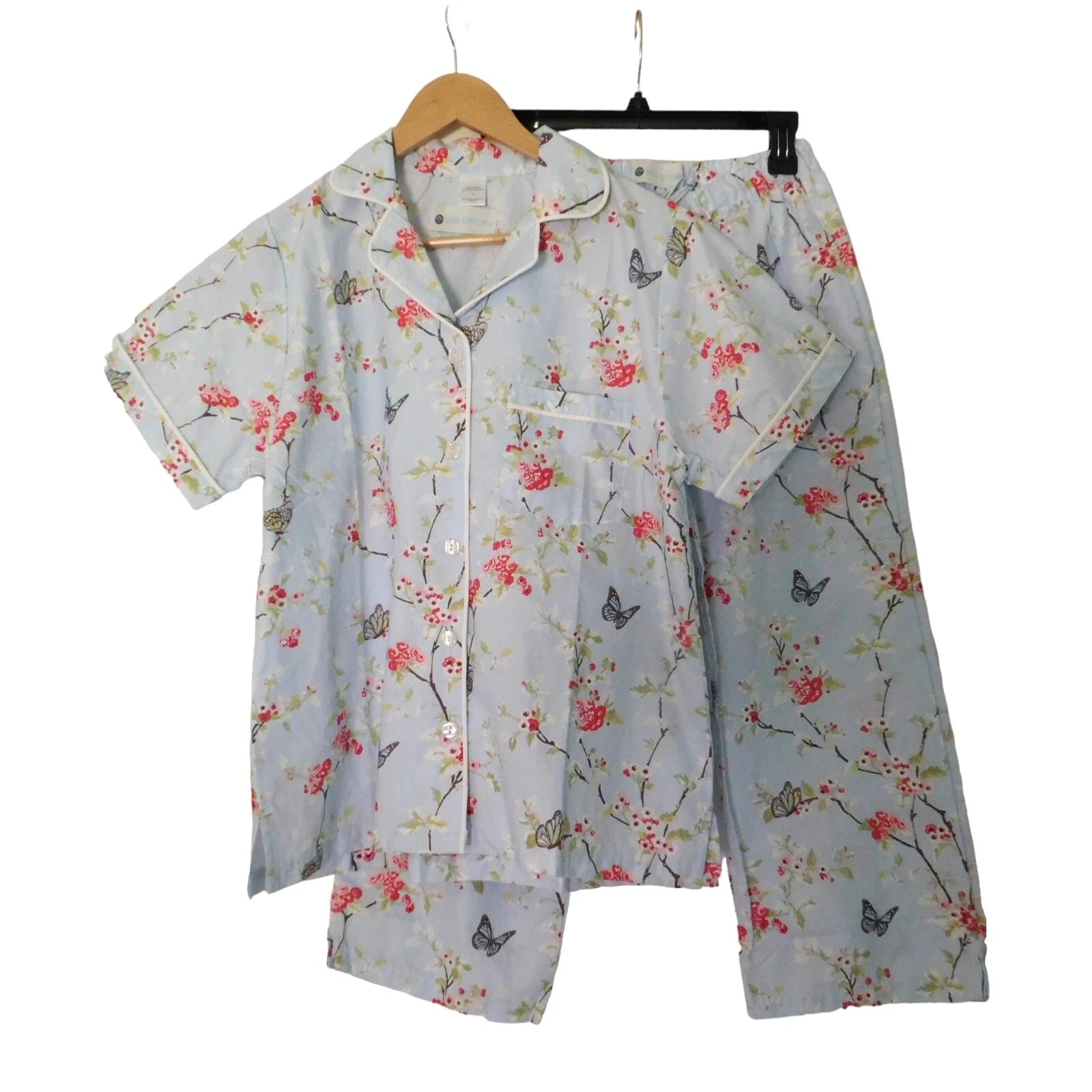NEW Portuguese Cotton Pajamas PJs Capri Short Sleeve Blue Floral Size Small