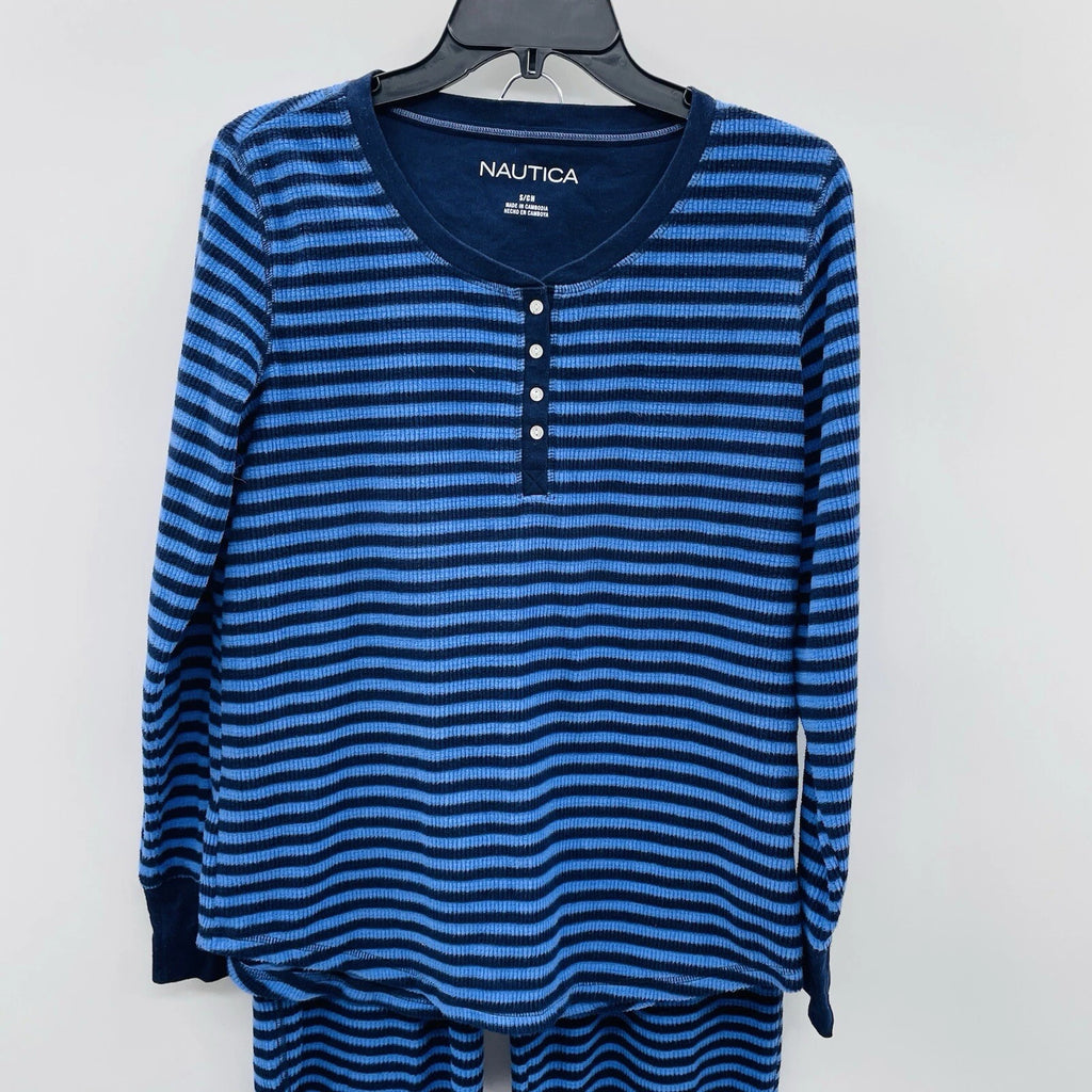Nautica Womens Size Small Soft Fleece Striped 2 Piece Pajama Set in Blue