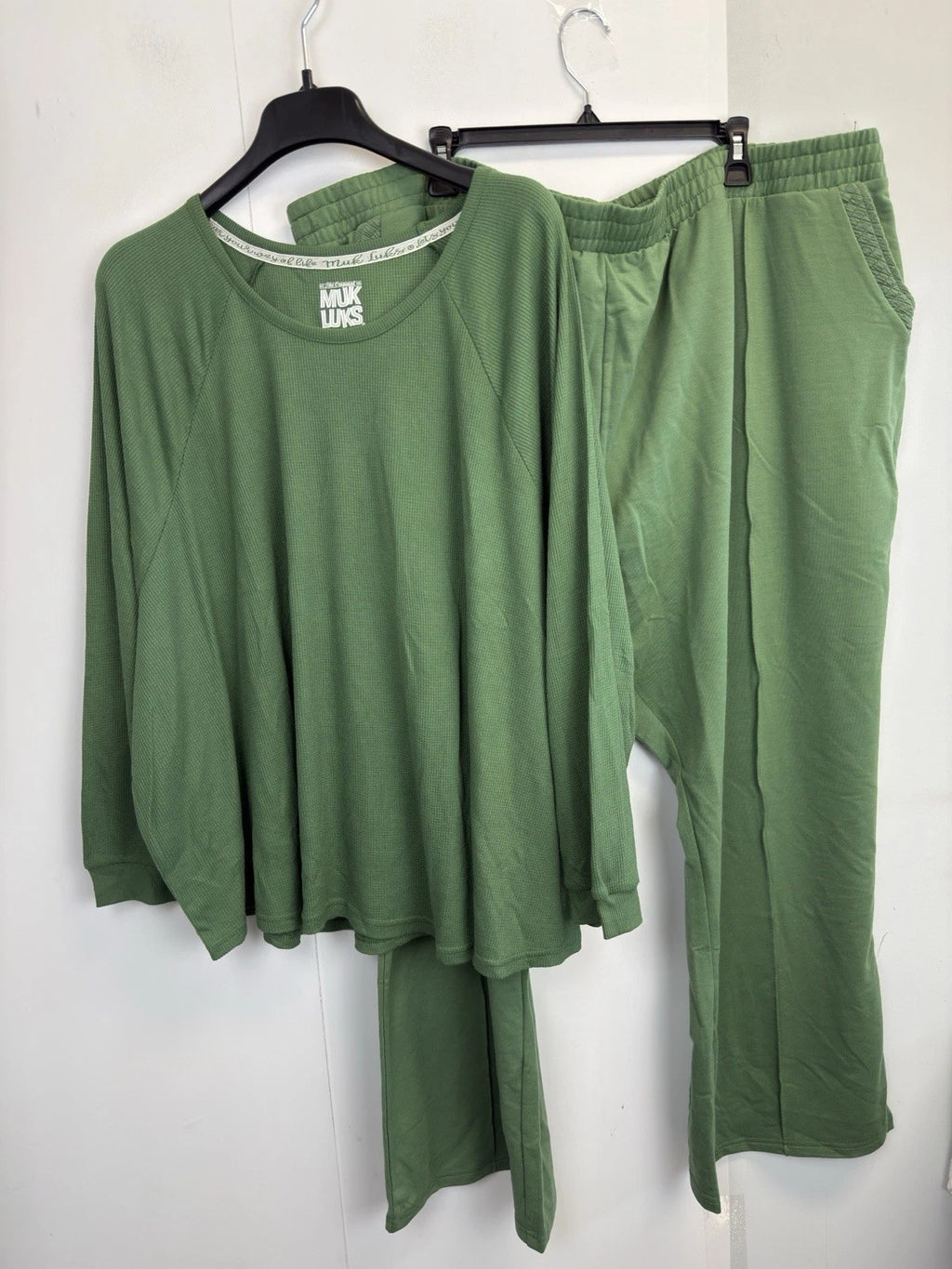 MUK LUKS Regular 2-Pc Lounge Set Women’s 5X Green Waffle Knit Top Wide Leg Pants