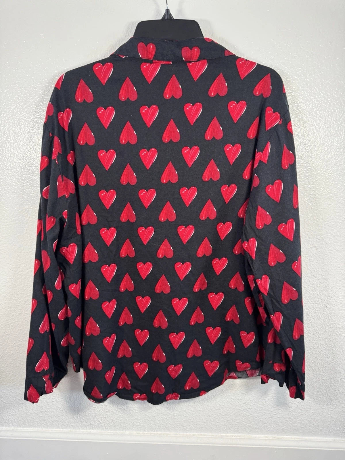 Victorias Secret Pajama Set L Heart Button Up Shirt Pant Sleepwear Cotton Black