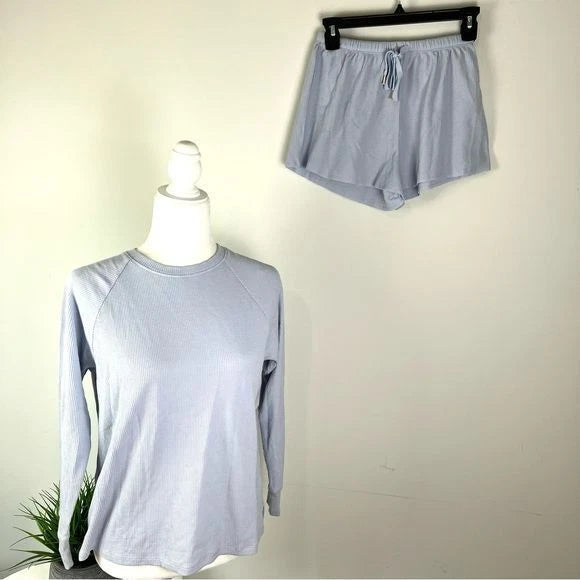 Honeydew Pajama Set Shorts Womens Blue Waffle Long Sleeve Size XS
