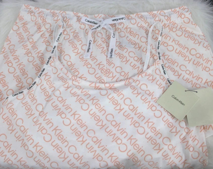 Calvin Klein Women’s Logo Lounge Pajama Set Top & Shorts White Peach M