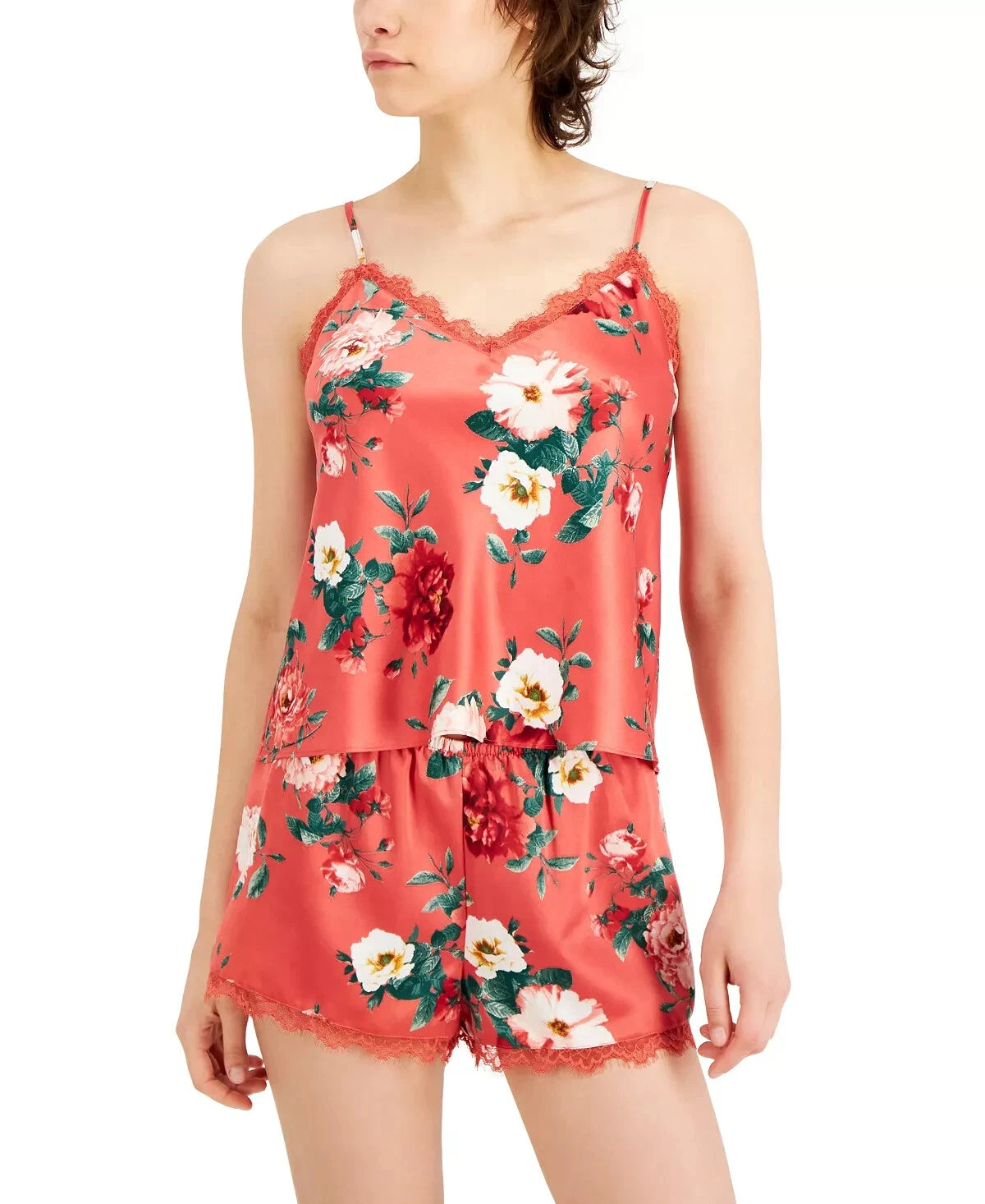INC Women's 2-Piece Lace-Trim Cami & Shorts Satin Pajama Set, Fall Floral, Small