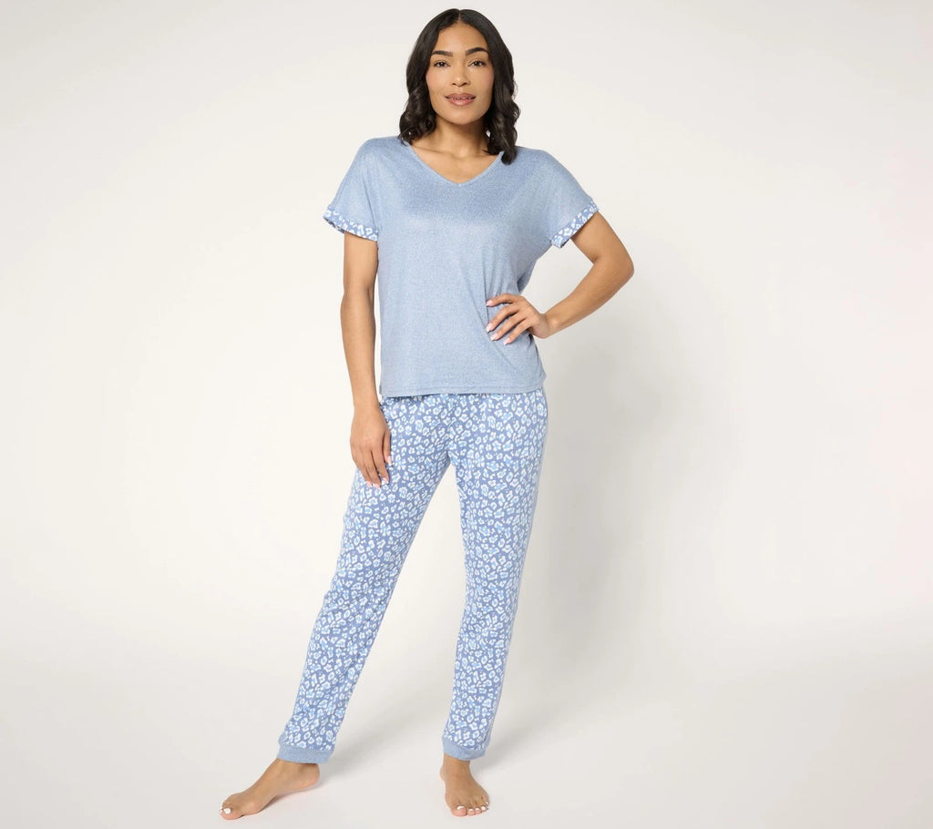 Muk Luks Sweater Knit Short Sleeve and Jogger Pajama Set Blue Leopard L New