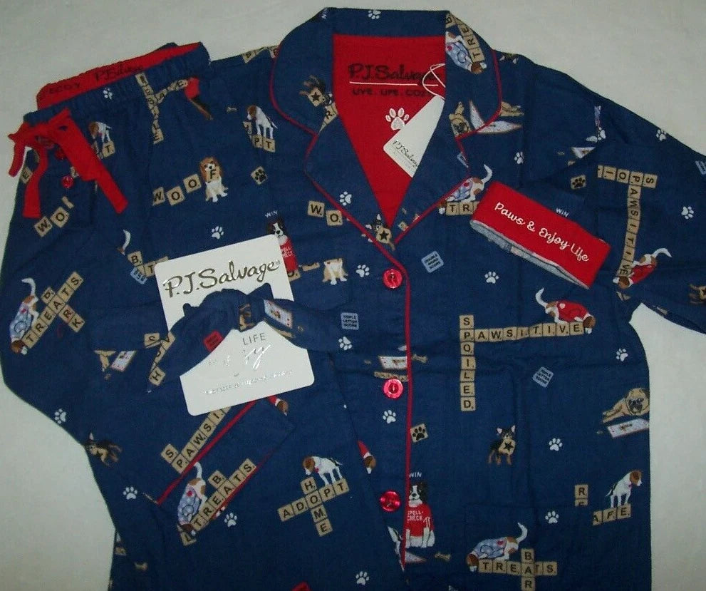NWT PJ Salvage Blue RESCUE DOGS Flannel Pajama/Lounge Set XL PAWS & ENJOY LIFE