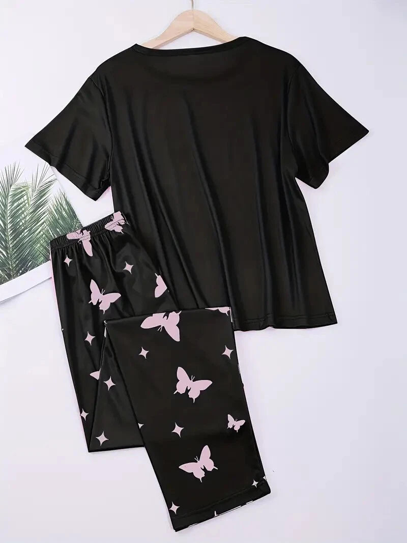 Woman's Black with Heart & Butterfly Print Top &  Pants Pajama Set - US 8-10 (L)