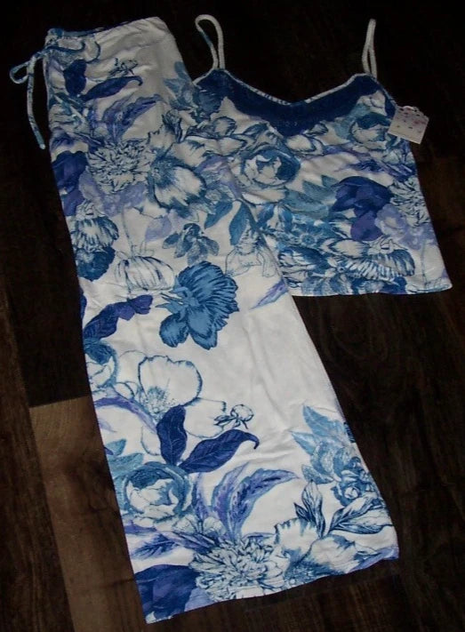 NWT In Bloom by Jonquil IVORY/BLUE/PURPLE FLORAL Knit Pajama Set L LACE Trim