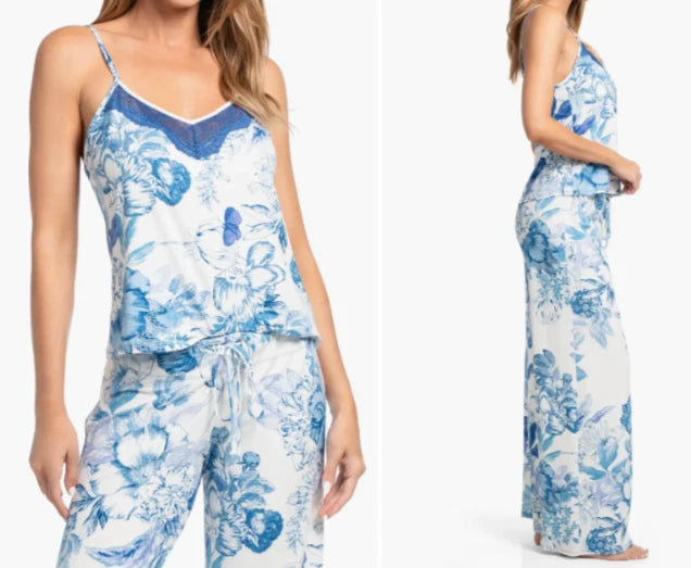 NWT In Bloom by Jonquil IVORY/BLUE/PURPLE FLORAL Knit Pajama Set L LACE Trim