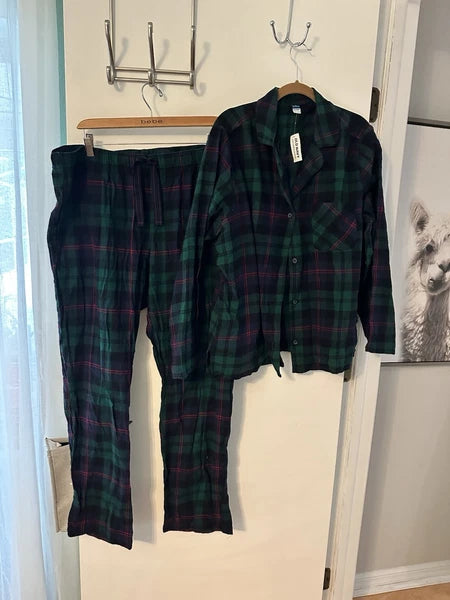 Old Navy Matching Flannel Pajama Set Blue & Green Tartan Plaid Size XL NWT