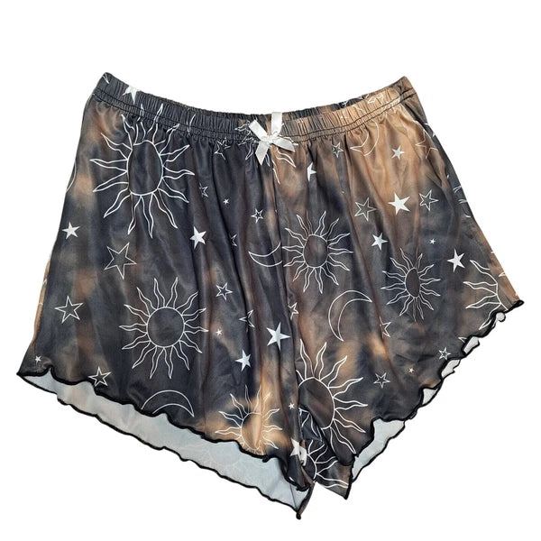 Sun Moon Tie Dye Pajama Set Women M Cami Top Shorts Celestial Lettuce Trim NWOT