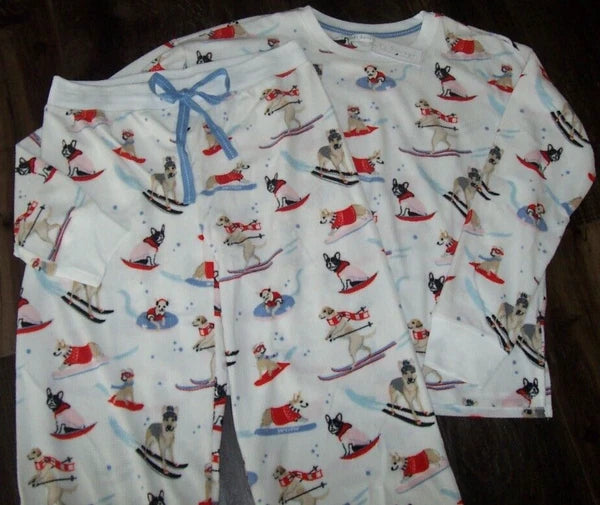 NWT PJ Salvage White/Blue DOGS ON SKIS Textured Velour Knit Pajama/Lounge Set XL