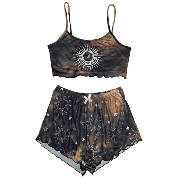 Sun Moon Tie Dye Pajama Set Women M Cami Top Shorts Celestial Lettuce Trim NWOT